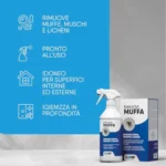 Flacone spray di CAMP Rimuovi Muffa, antimuffa pronto all’uso per muri interni ed esterni, con spruzzino e guanti inclusi, posizionato su sfondo neutro