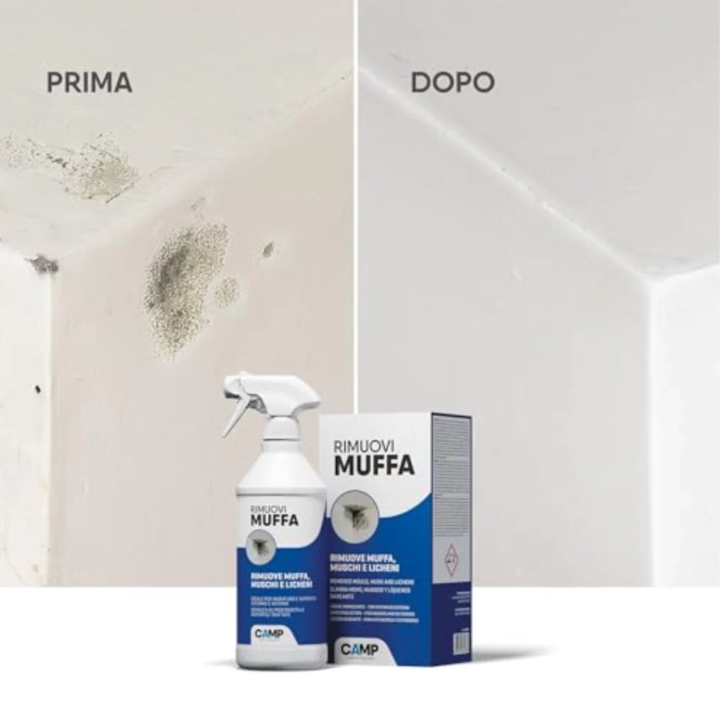 Flacone spray di CAMP Rimuovi Muffa, antimuffa pronto all’uso per muri interni ed esterni, con spruzzino e guanti inclusi, posizionato su sfondo neutro