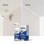 Flacone spray di CAMP Rimuovi Muffa, antimuffa pronto all’uso per muri interni ed esterni, con spruzzino e guanti inclusi, posizionato su sfondo neutro