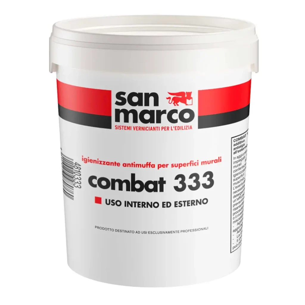 Flacone Combat 333 risanante antimuffa incolore, applicabile a pennello su muri interni ed esterni per la protezione duratura da muffe, muschio e alghe.