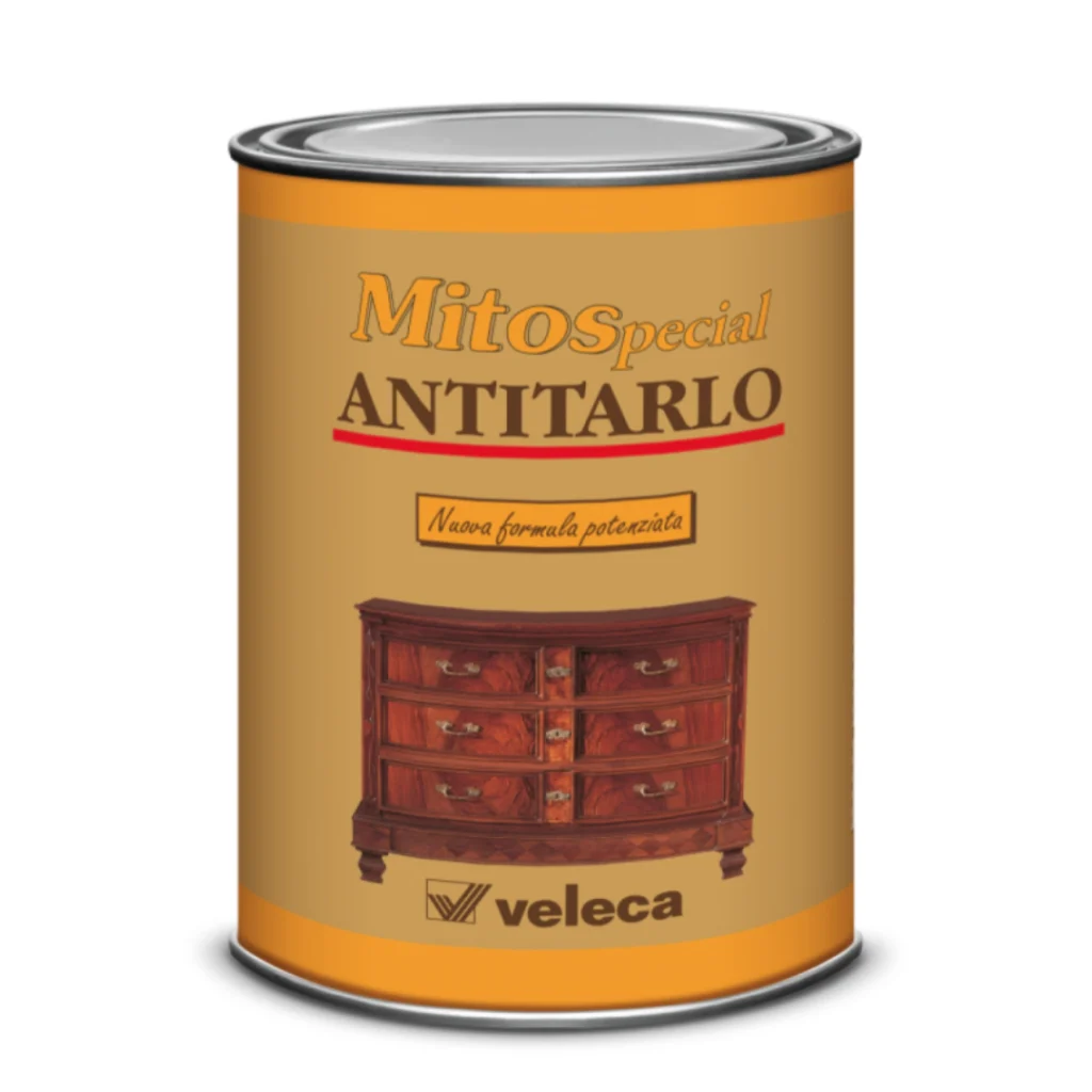 Barattolo di Antitarlo Mitospecial Veleca, trattamento insetticida per legno con nuova formula potenziata, ideale per eliminare tarli e proteggere mobili e superfici in legno