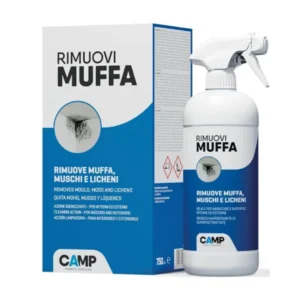 Flacone spray di CAMP Rimuovi Muffa, antimuffa pronto all’uso per muri interni ed esterni, con spruzzino e guanti inclusi, posizionato su sfondo neutro.