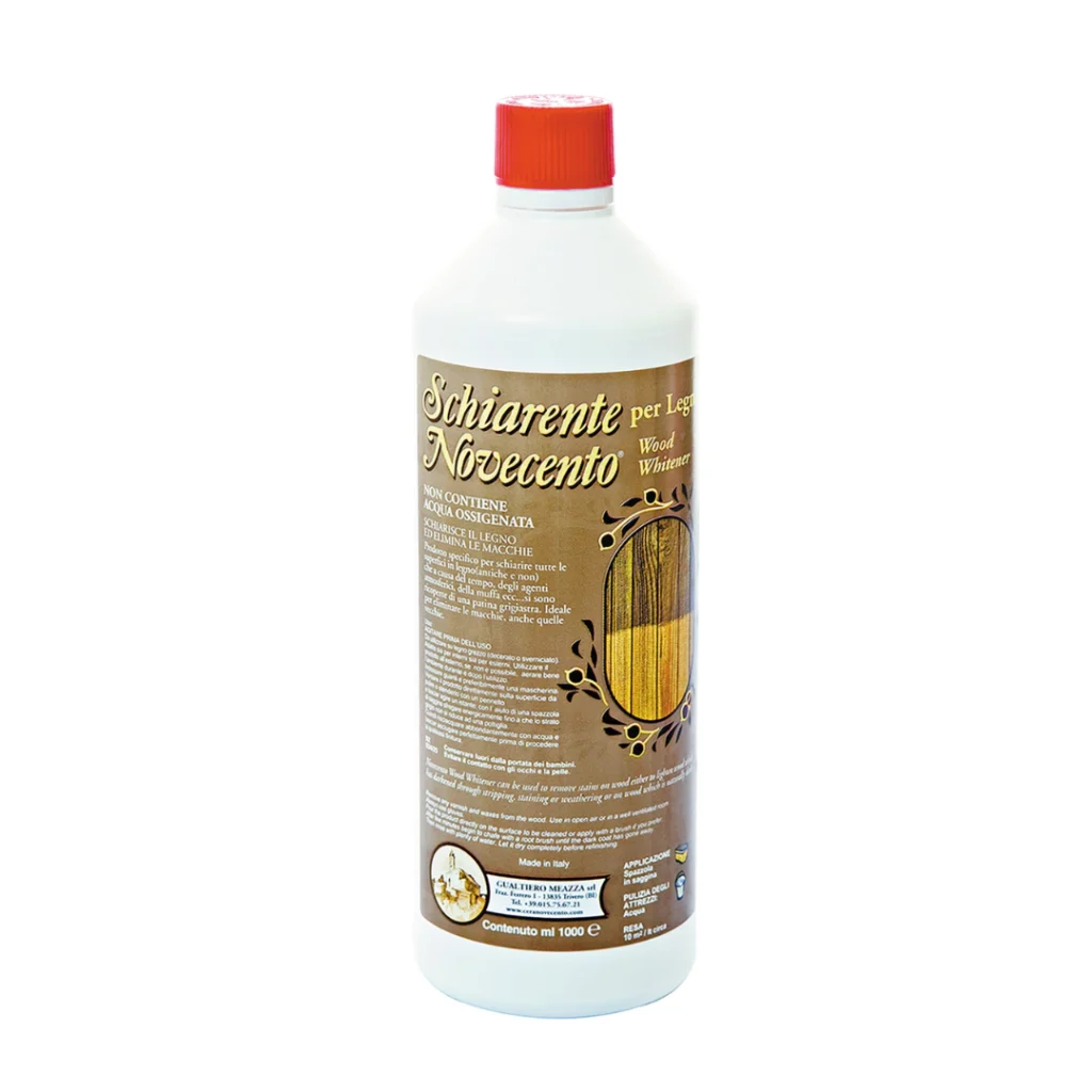 Bottiglia di schiarente per legno Novecento Paint da 1 litro, da usare su legno ingrigito.