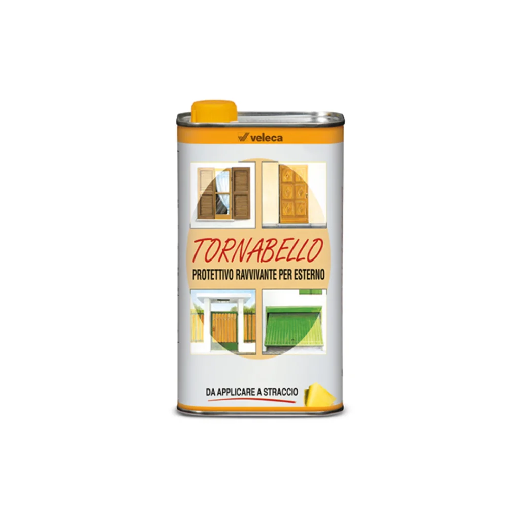 Protettivo per legno e ferro da esterno. Tornabello rinnova e protegge superfici esposte al sole e alle intemperie. Con filtri UV resistenti, finitura lucida e idrorepellente.
