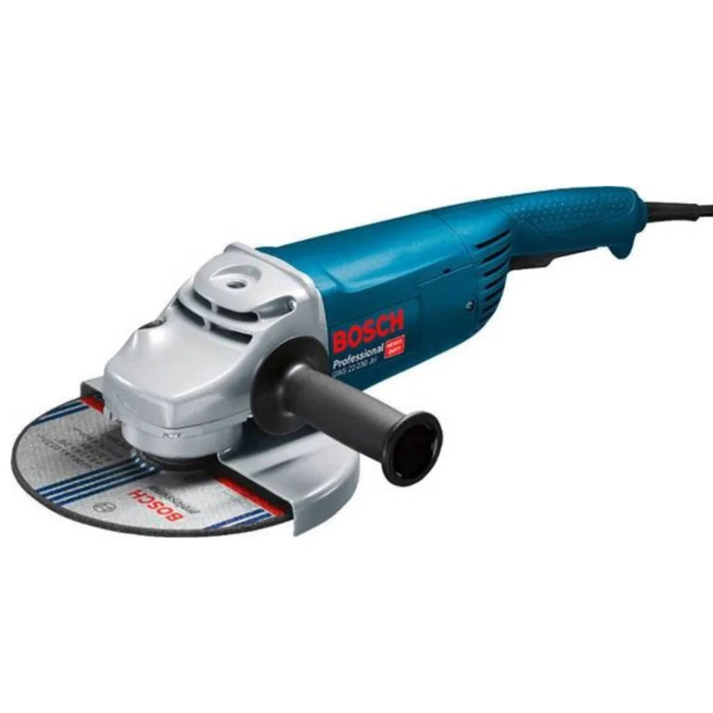 Smerigliatrice angolare Bosch GWS 22-230 J Professional da 2200W, con disco da 230 mm e impugnatura Vibration Control, ideale per lavori gravosi su metallo e cemento.
