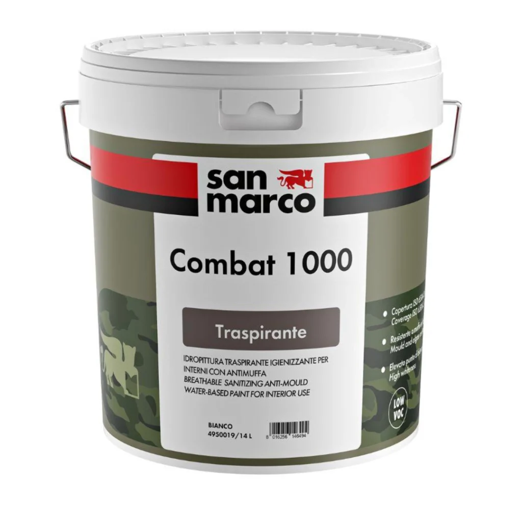 Barattolo di pittura Combat 1000 San Marco – idropittura traspirante e antimuffa per interni umidi, con finitura opaca e bianco luminoso, ideale per pareti soggette a condensa e formazione di muffe