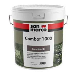 Barattolo di pittura Combat 1000 San Marco – idropittura traspirante e antimuffa per interni umidi, con finitura opaca e bianco luminoso, ideale per pareti soggette a condensa e formazione di muffe