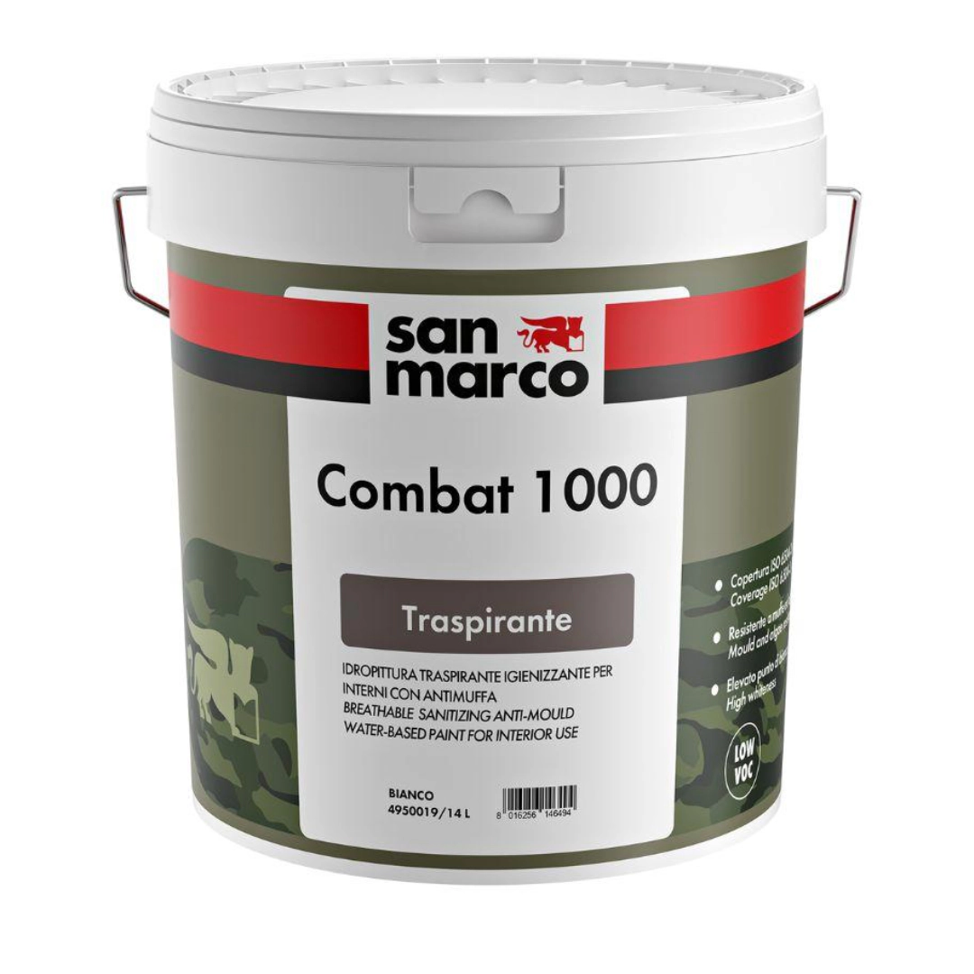 combat 1000 Barattolo di pittura Combat 1000 San Marco – idropittura traspirante e antimuffa per interni umidi, con finitura opaca e bianco luminoso, ideale per pareti soggette a condensa e formazione di muffe